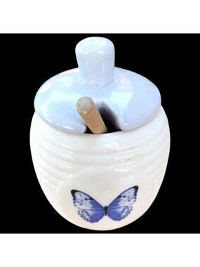 English Tableware Co Honey Pot Blue Butterfly Ceramic Jar Lid Wood Dipper